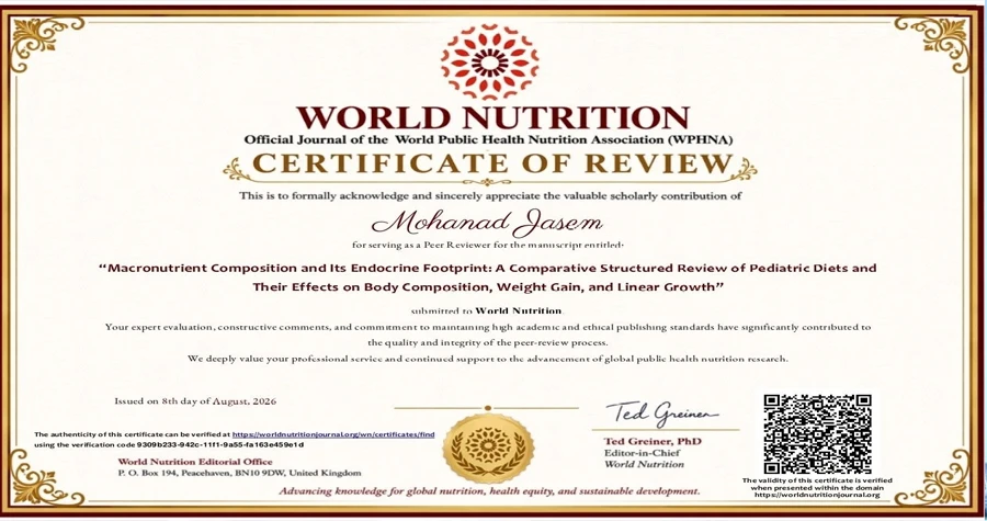 الدكتور مهند جاسم محكماً علمياً في مجلة "World Nutrition" الدولية